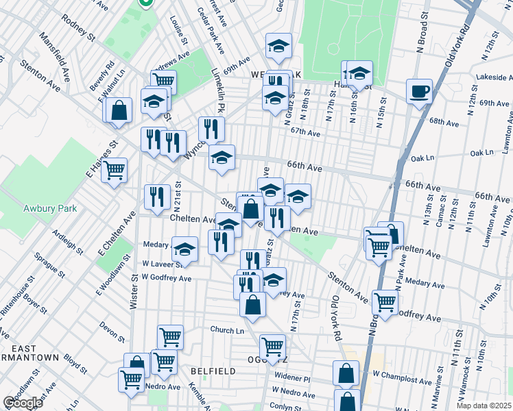 map of restaurants, bars, coffee shops, grocery stores, and more near 6428 Ogontz Avenue in Philadelphia