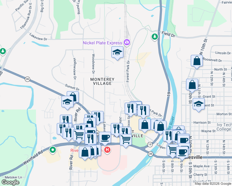 map of restaurants, bars, coffee shops, grocery stores, and more near 314 Great Lakes Drive in Noblesville