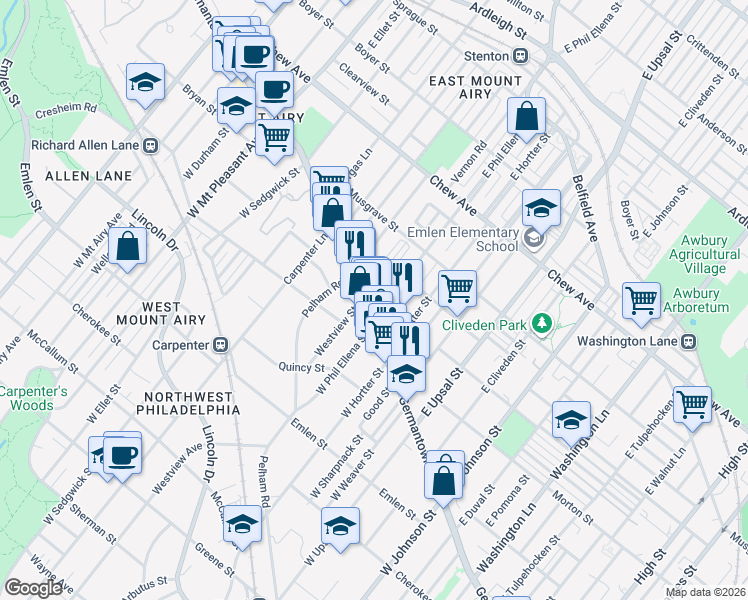map of restaurants, bars, coffee shops, grocery stores, and more near 59 East Phil Ellena Street in Philadelphia