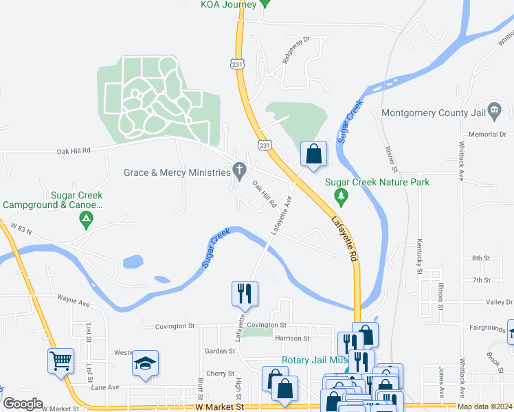 map of restaurants, bars, coffee shops, grocery stores, and more near 706 Indian Springs Road in Crawfordsville