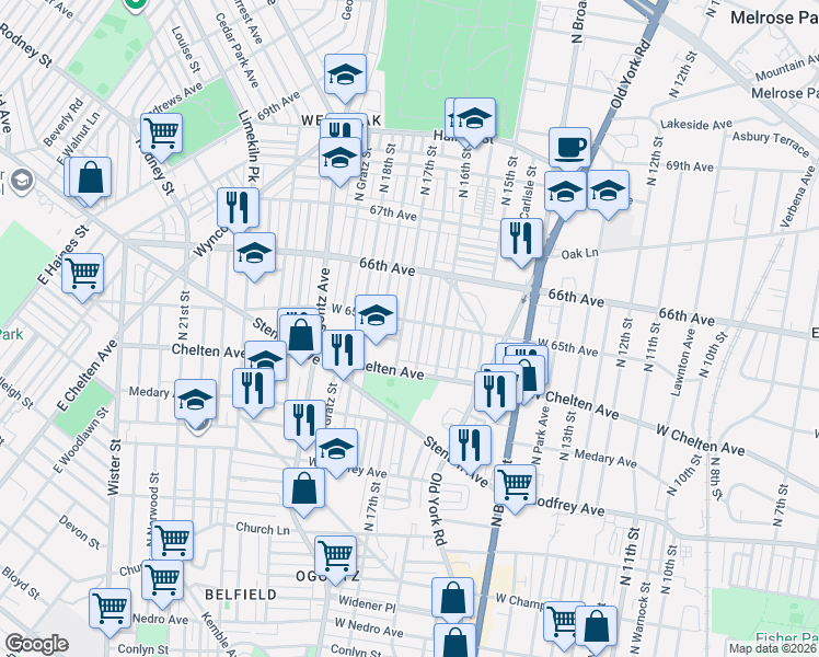 map of restaurants, bars, coffee shops, grocery stores, and more near 6508 North 17th Street in Philadelphia