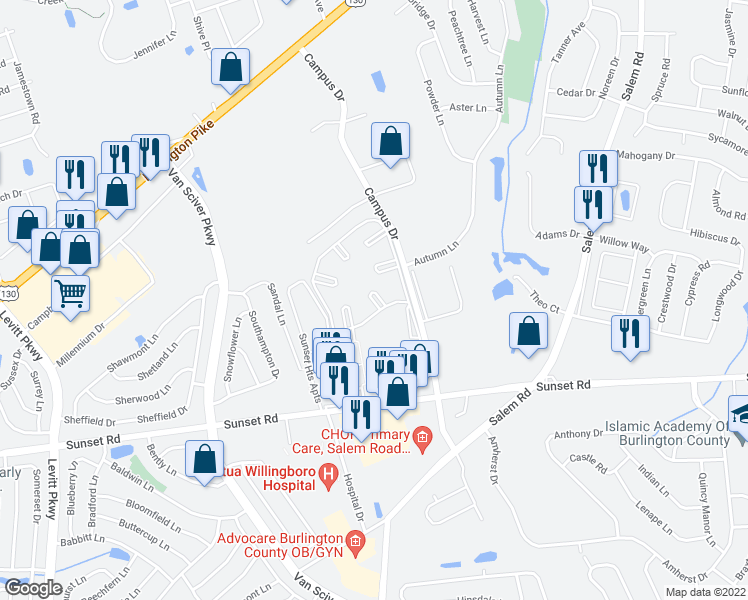 map of restaurants, bars, coffee shops, grocery stores, and more near 949 Ivoire Court in Burlington