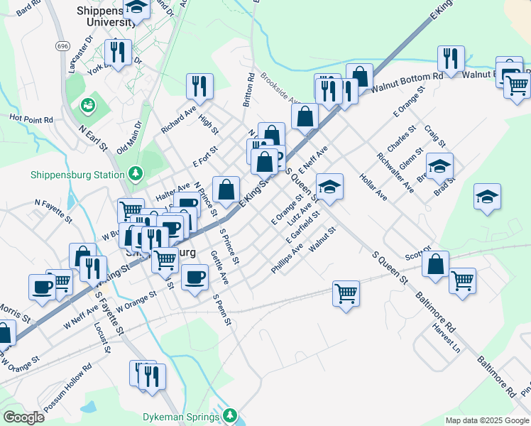 map of restaurants, bars, coffee shops, grocery stores, and more near 23 South Washington Street in Shippensburg