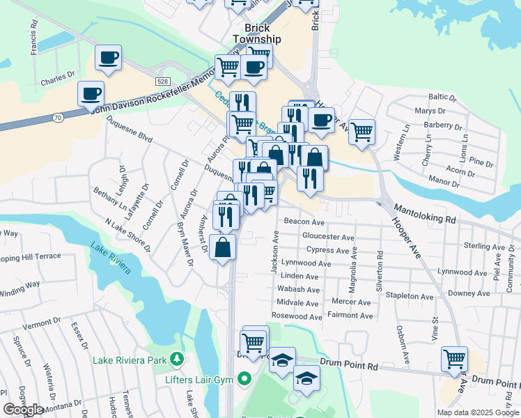 map of restaurants, bars, coffee shops, grocery stores, and more near 515 Brick Boulevard in Brick