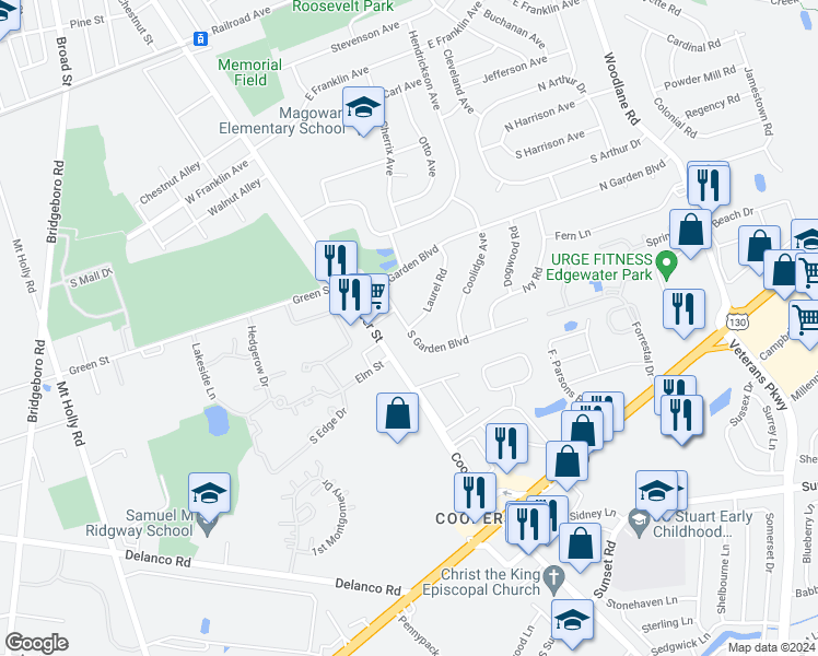 map of restaurants, bars, coffee shops, grocery stores, and more near 2108 Laurel Road in Edgewater Park