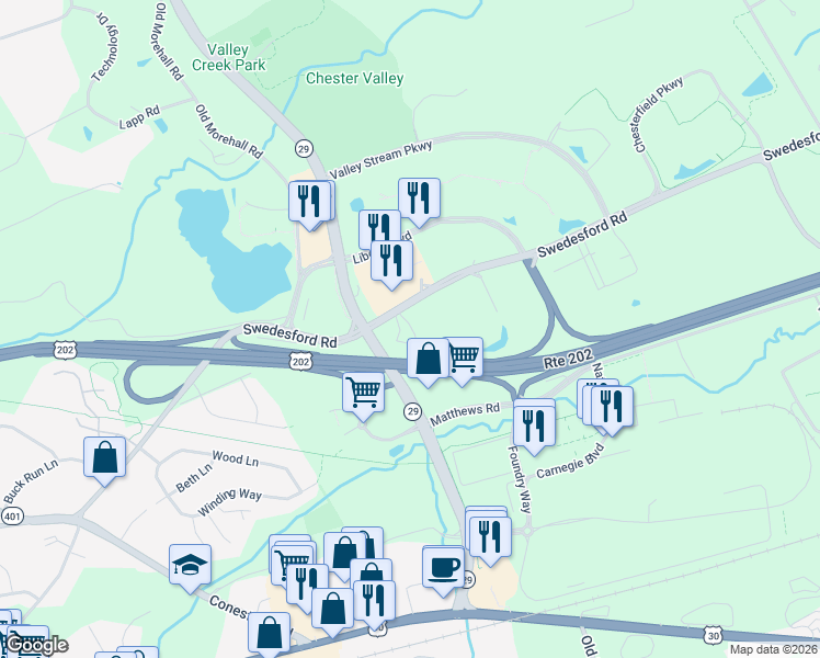 map of restaurants, bars, coffee shops, grocery stores, and more near 12 Swedesford Road in Malvern