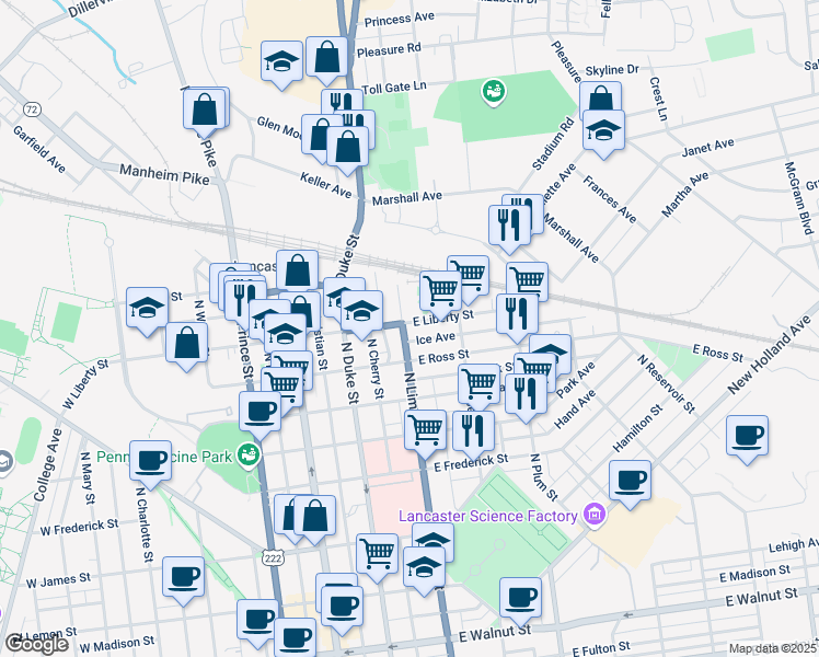 map of restaurants, bars, coffee shops, grocery stores, and more near 941 North Lime Street in Lancaster