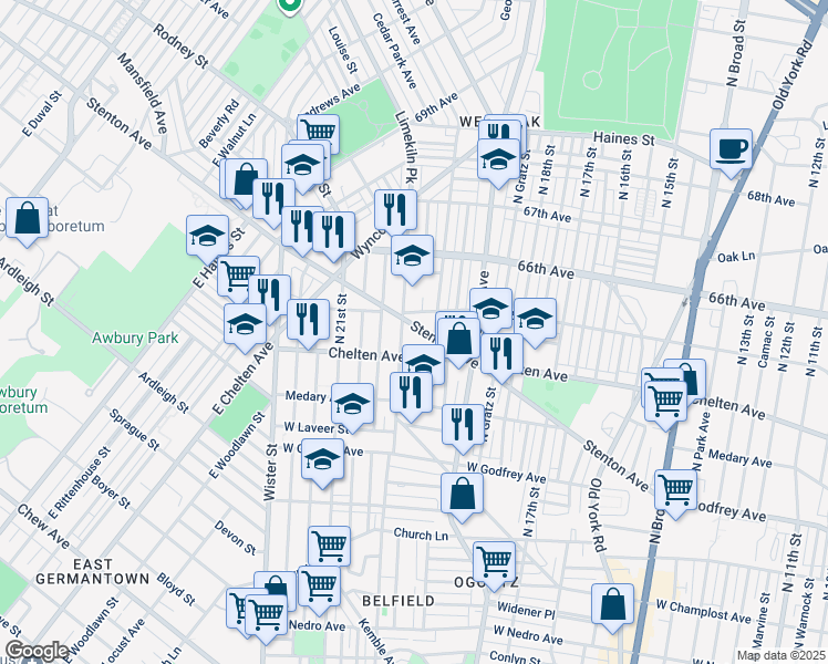 map of restaurants, bars, coffee shops, grocery stores, and more near 2028 Stenton Avenue in Philadelphia