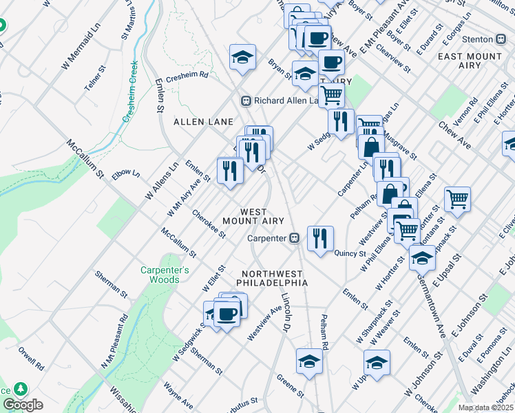 map of restaurants, bars, coffee shops, grocery stores, and more near 7034 Lincoln Drive in Philadelphia