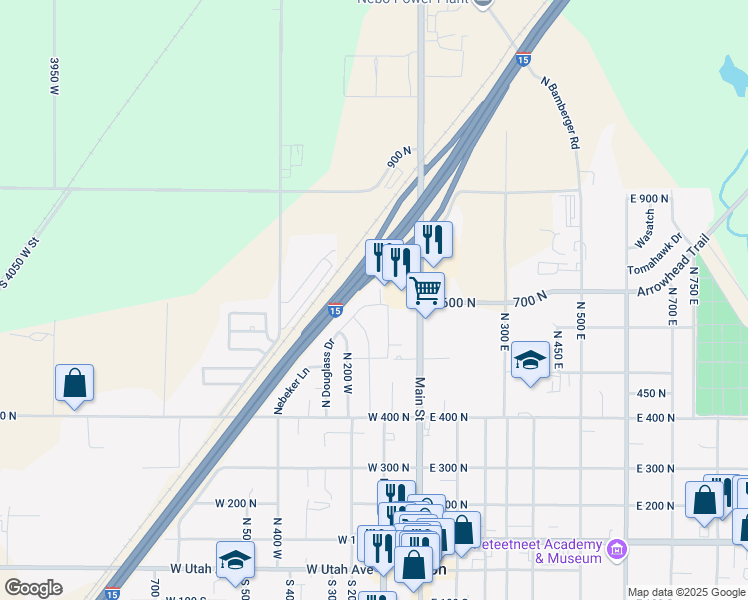 map of restaurants, bars, coffee shops, grocery stores, and more near 607 North 125 West in Payson