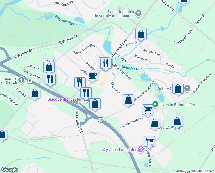 map of restaurants, bars, coffee shops, grocery stores, and more near 1861 Charter Lane in Lancaster