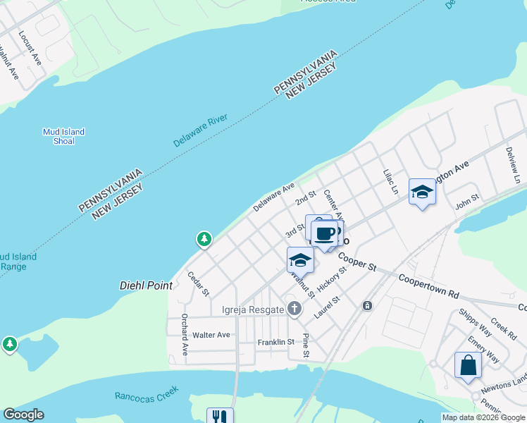 map of restaurants, bars, coffee shops, grocery stores, and more near 721 Delaware Avenue in Delanco