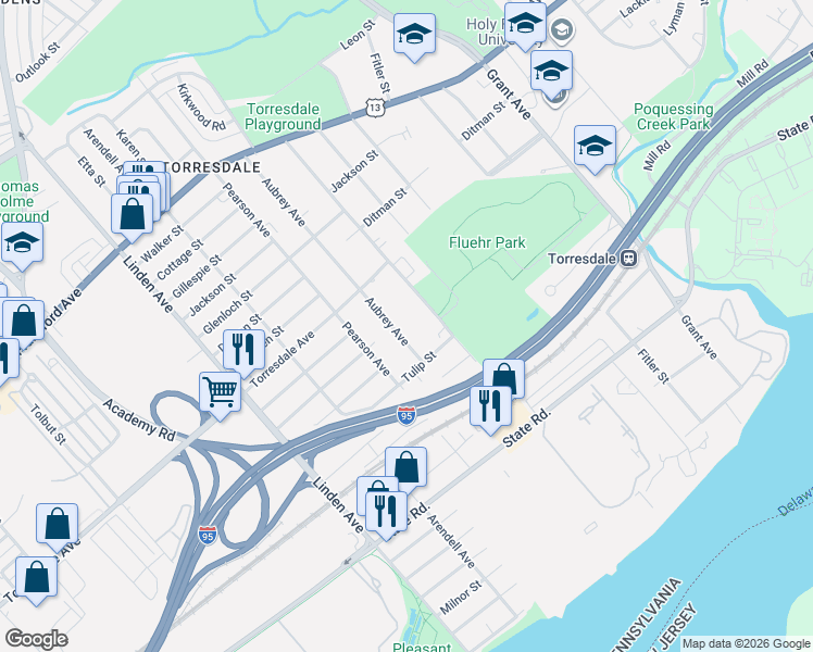 map of restaurants, bars, coffee shops, grocery stores, and more near 4723 Aubrey Avenue in Philadelphia