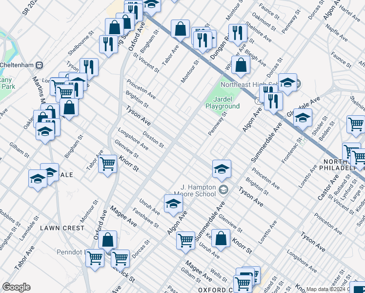 map of restaurants, bars, coffee shops, grocery stores, and more near 933 Tyson Avenue in Philadelphia