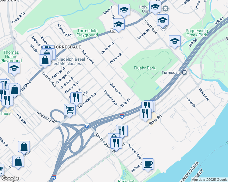map of restaurants, bars, coffee shops, grocery stores, and more near 4728 Aubrey Avenue in Philadelphia