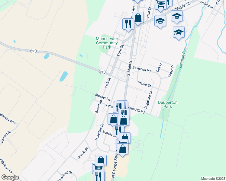 map of restaurants, bars, coffee shops, grocery stores, and more near 230 Cloverlane Drive in Manchester