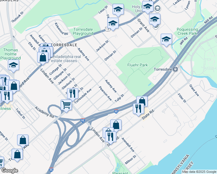 map of restaurants, bars, coffee shops, grocery stores, and more near 4728 Aubrey Avenue in Philadelphia