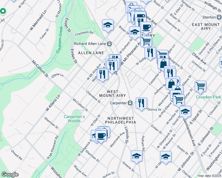 map of restaurants, bars, coffee shops, grocery stores, and more near 342 West Mount Pleasant Avenue in Philadelphia