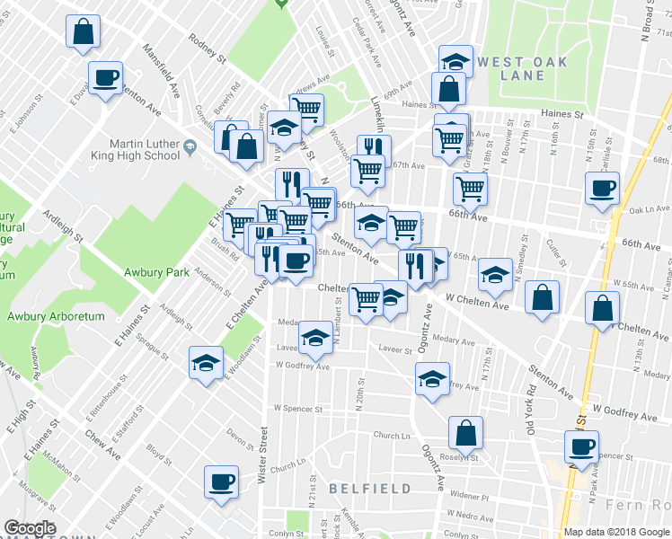 map of restaurants, bars, coffee shops, grocery stores, and more near 6422 North Lambert Street in Philadelphia