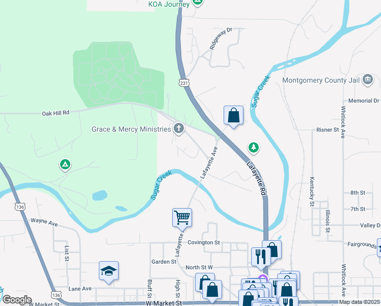 map of restaurants, bars, coffee shops, grocery stores, and more near 720 Indian Springs Road in Crawfordsville