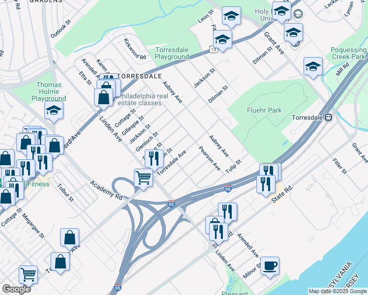 map of restaurants, bars, coffee shops, grocery stores, and more near 9326 Torresdale Ave in Philadelphia