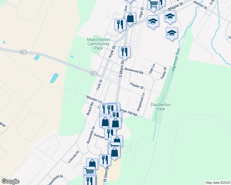map of restaurants, bars, coffee shops, grocery stores, and more near 220 South Main Street in Manchester
