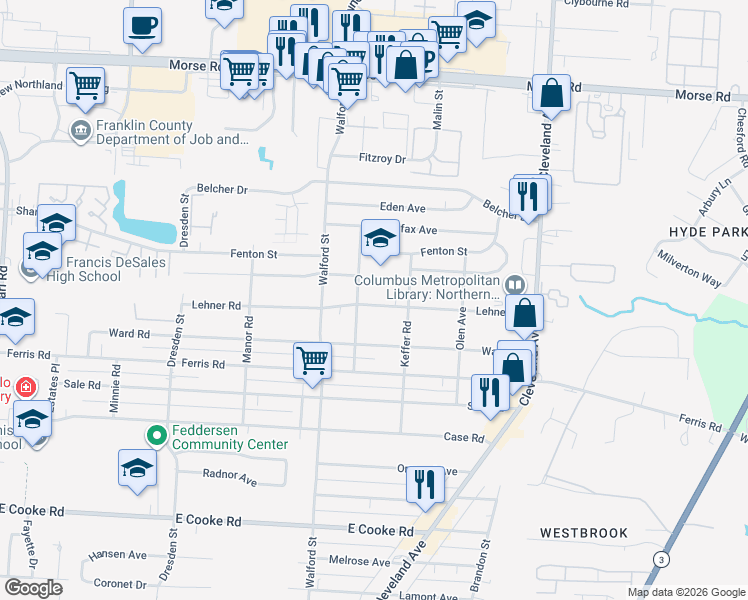 map of restaurants, bars, coffee shops, grocery stores, and more near 2100 Lehner Road in Columbus