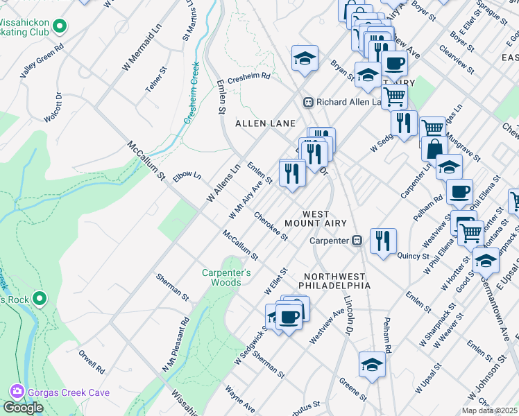 map of restaurants, bars, coffee shops, grocery stores, and more near 442 Wellesley Road in Philadelphia