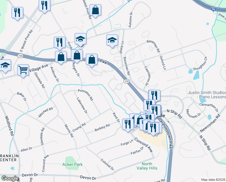 map of restaurants, bars, coffee shops, grocery stores, and more near 127 Heritage Lane in Exton