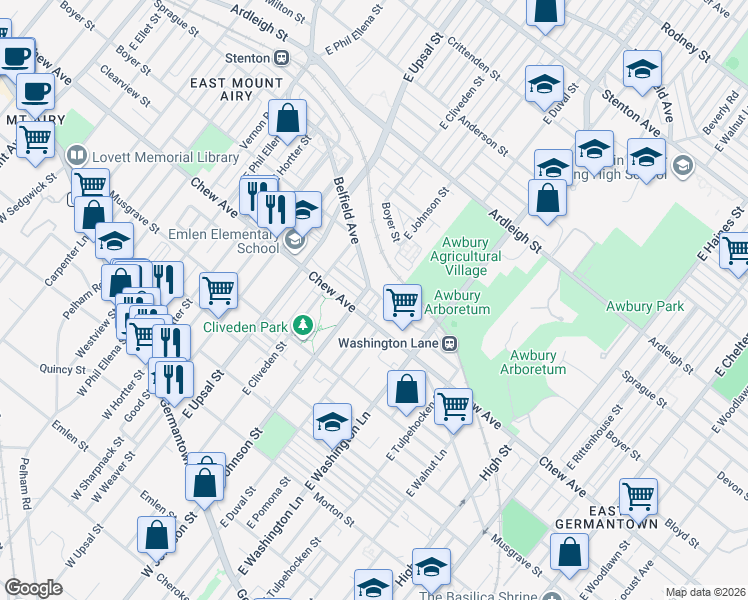 map of restaurants, bars, coffee shops, grocery stores, and more near 6409 Clearview Street in Philadelphia