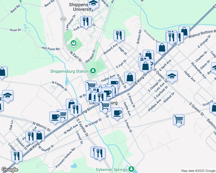 map of restaurants, bars, coffee shops, grocery stores, and more near 40 North Penn Street in Shippensburg