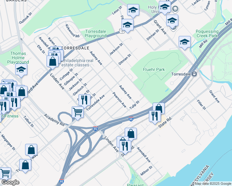 map of restaurants, bars, coffee shops, grocery stores, and more near 4715 Pearson Avenue in Philadelphia