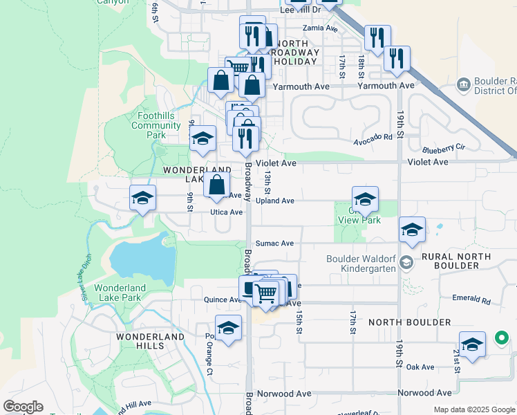 map of restaurants, bars, coffee shops, grocery stores, and more near in Boulder