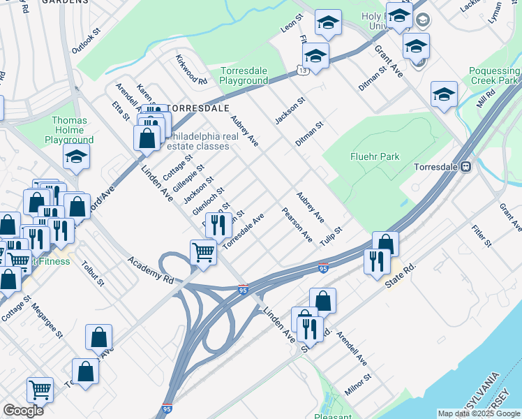 map of restaurants, bars, coffee shops, grocery stores, and more near 9326 Torresdale Ave in Philadelphia
