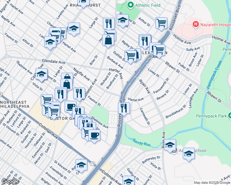 map of restaurants, bars, coffee shops, grocery stores, and more near 7711 Bradford Street in Philadelphia