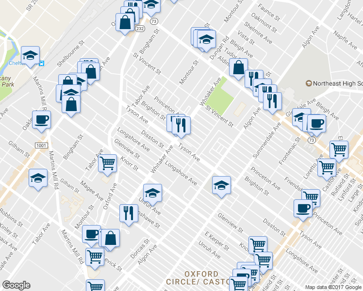 map of restaurants, bars, coffee shops, grocery stores, and more near 851 Tyson Avenue in Philadelphia