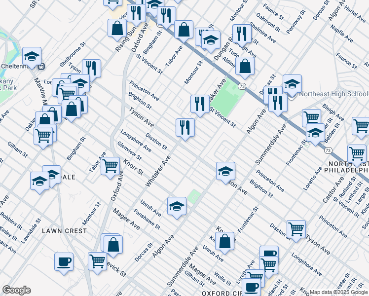 map of restaurants, bars, coffee shops, grocery stores, and more near 851 Tyson Avenue in Philadelphia