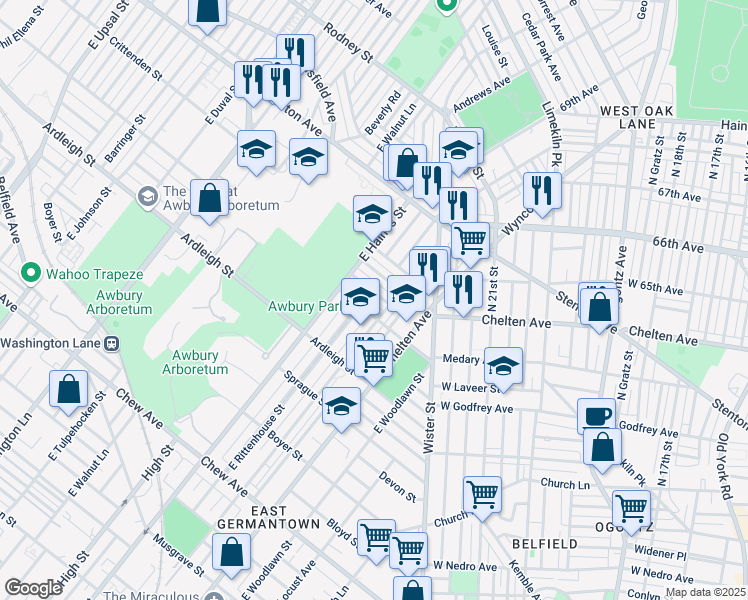map of restaurants, bars, coffee shops, grocery stores, and more near 5837 Stockton Road in Philadelphia