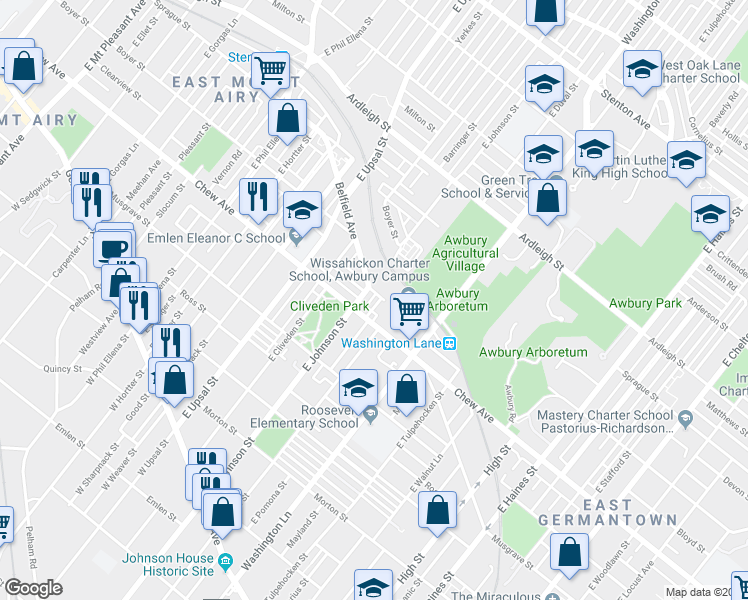 map of restaurants, bars, coffee shops, grocery stores, and more near 6409 Clearview Street in Philadelphia