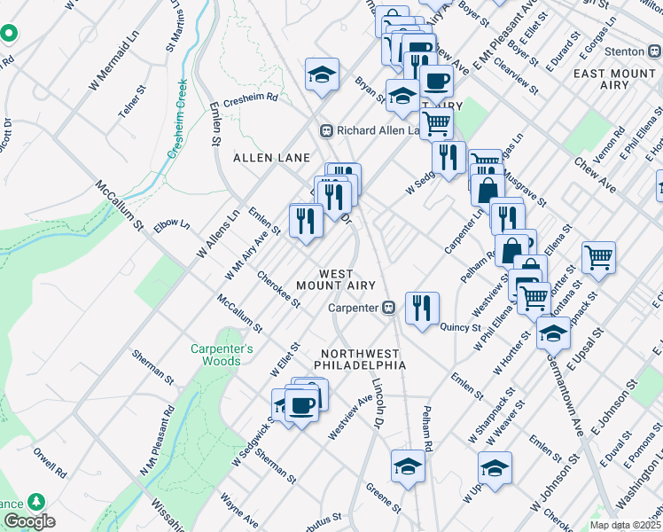 map of restaurants, bars, coffee shops, grocery stores, and more near 342 West Mount Pleasant Avenue in Philadelphia