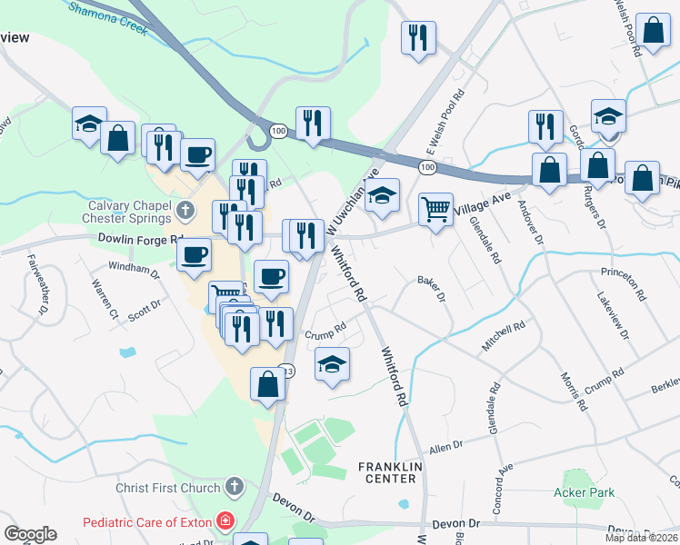 map of restaurants, bars, coffee shops, grocery stores, and more near 564 West Uwchlan Avenue in Exton