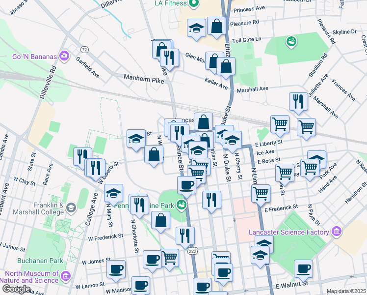 map of restaurants, bars, coffee shops, grocery stores, and more near 4 McGovern Avenue in Lancaster