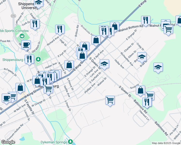 map of restaurants, bars, coffee shops, grocery stores, and more near 324 East Orange Street in Shippensburg
