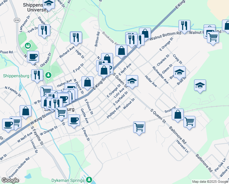 map of restaurants, bars, coffee shops, grocery stores, and more near 323 East Orange Street in Shippensburg