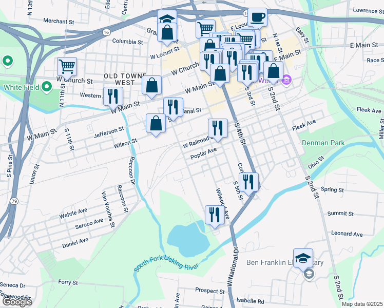 map of restaurants, bars, coffee shops, grocery stores, and more near 145 West Railroad Street in Newark