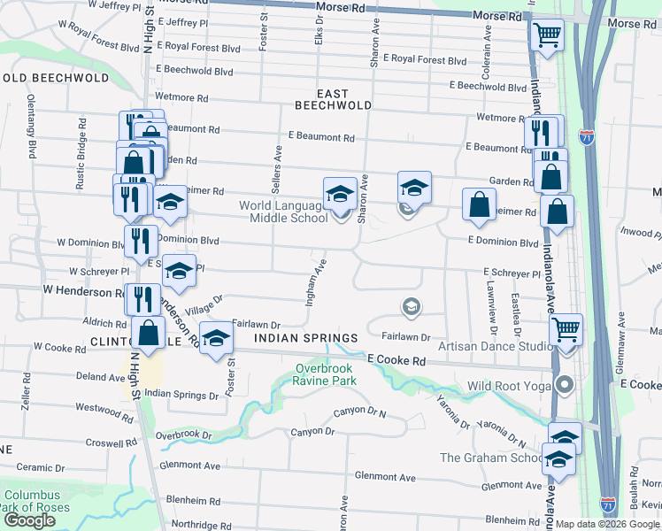 map of restaurants, bars, coffee shops, grocery stores, and more near 363 East Dominion Boulevard in Columbus