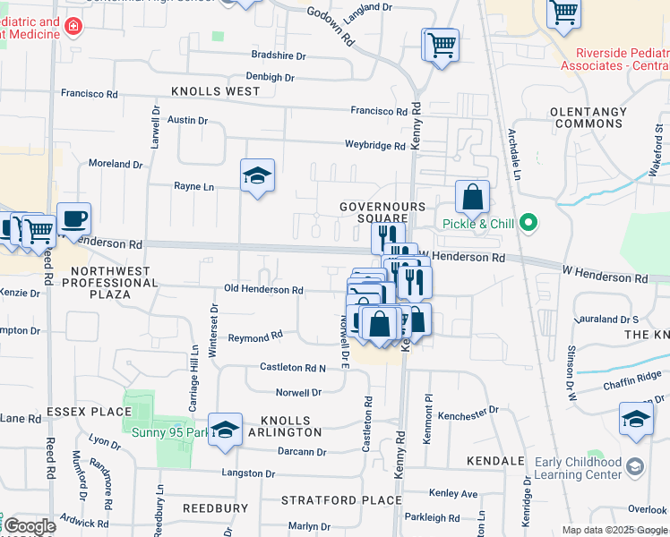 map of restaurants, bars, coffee shops, grocery stores, and more near 1268 Old Henderson Square in Columbus