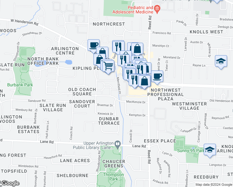 map of restaurants, bars, coffee shops, grocery stores, and more near 1938 Aberdeen Drive in Upper Arlington