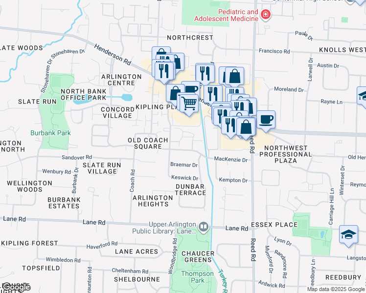 map of restaurants, bars, coffee shops, grocery stores, and more near 2014 Aberdeen Drive in Upper Arlington