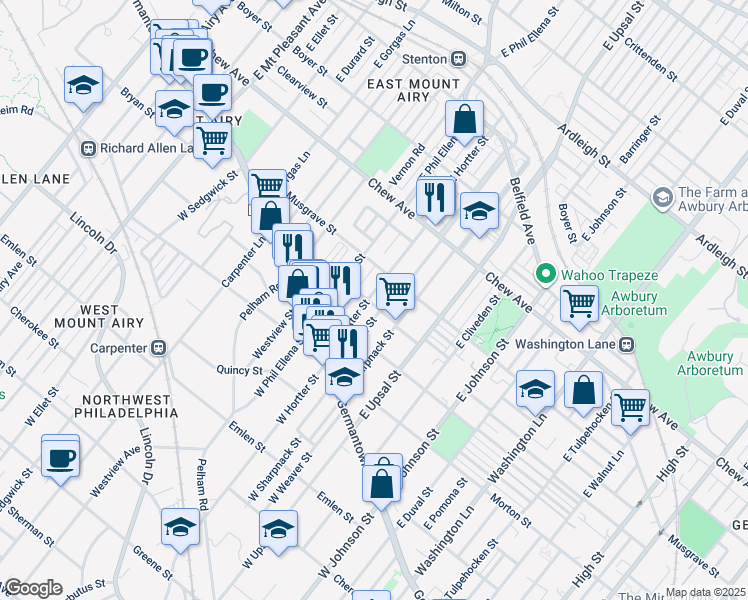 map of restaurants, bars, coffee shops, grocery stores, and more near 104 East Hortter Street in Philadelphia